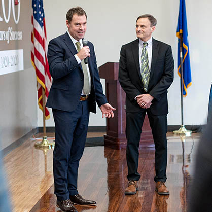 Dr. Frederiksen and Michael H. Ambrose /U+0026#x27;84, /U+0026#x27;19 Hon., chair of the Presidential Search Committee.
