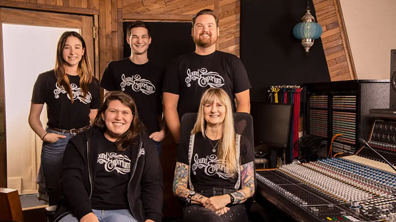 Skyler Chuckry ’18 (left, front) and her colleagues at Sound Emporium