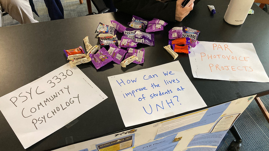 Table with signs and candy