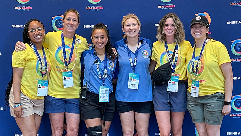 Left to right: Mackenzie Evans ’22, ’23 M.S., Laura Duncan ’18 M.S., Gabriela Garcia-Perez ’24, Emily Bogdanowicz ’23, Abby Reynolds ’23 M.S., and Avery Alessi ’23.