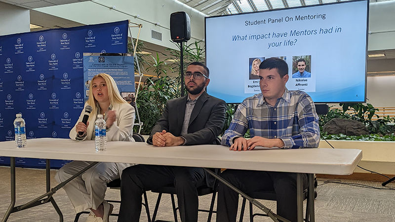 Emily Bogdanowicz /U+0026#x27;23,/U+0026#x27; 24 MBA, Jake Romao ’26, and Nikolas Affronti’ 23 discussed their experiences in the PCoB mentoring programs.