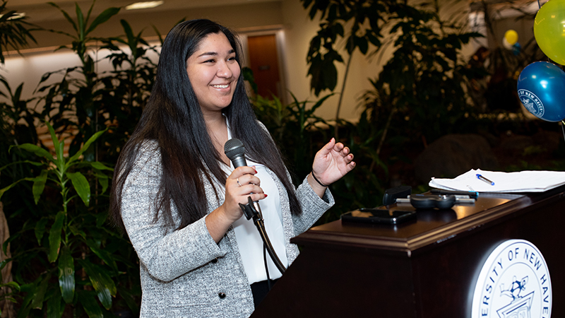 Amaya Guzman ’23 speaks at the Smerd Pitch Competition.