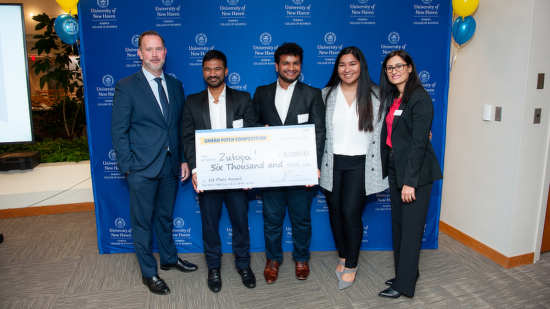 Dr. Brian Kench, Rupesh Lankipalli '23 M.S., Harsha Balla '23 M.S., Amaya Guzman '23, and Dr. Vasiliki Kosmidou