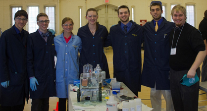 The UNH Chem-E car team in the lab. From left to right: David DuPont, Parker Mathis, Kayla Fitzgerald, Sadie Redman, Jeffrey Parsons, Robert Errichetti, and Andrew Ethier