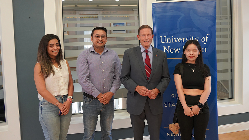 Bahareh Arghavani Nobar ’24 M.S., Bibek Upadhayay ’25 Ph.D., Sen. Richard Blumenthal, and Nancirose Piazza ’24 Ph.D.