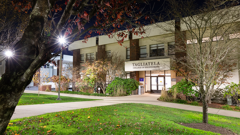 Tagliatela College of Engineering at night