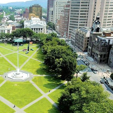 Aerial view of the New Haven Green.