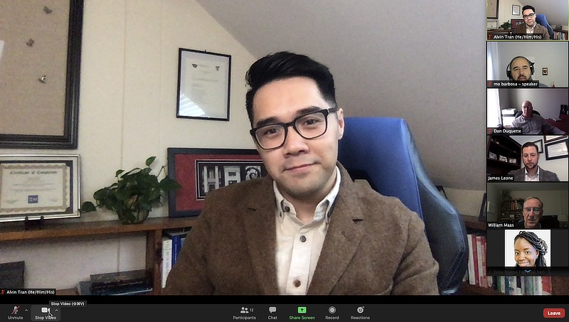 Image of Alvin Tran presenting on Zoom.