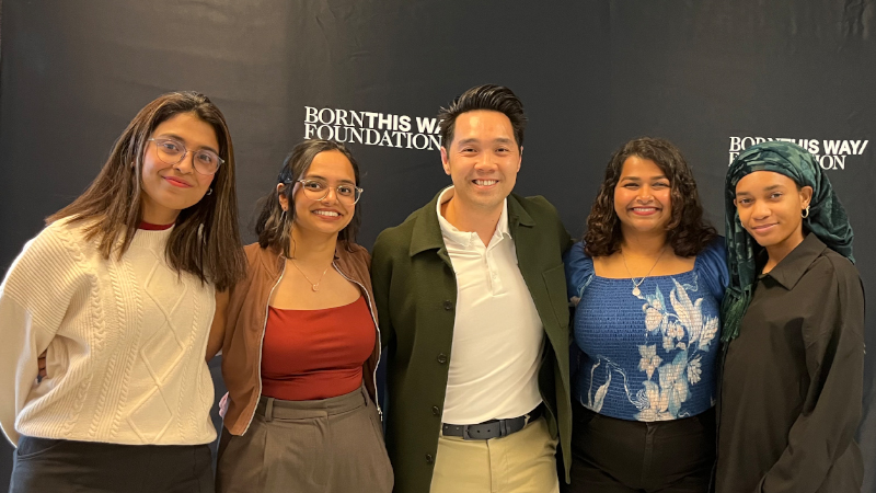 Moushume Chowdhury, Gauri Birmole, Dr. Alvin Tran, Ria Maindain, and Ja’nya Hill (left to right) following the team’s presentation at Born This Way Foundation’s event in New York City.
