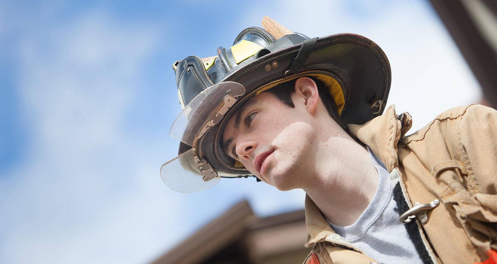 Student in fire helmet