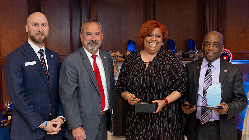 Left to right: Ryan Noonan /U+0026#x27;20, /U+0026#x27;23 M.S., Joseph Danao II ’04 M.S., Taritha Middleton, and Claude Campbell.