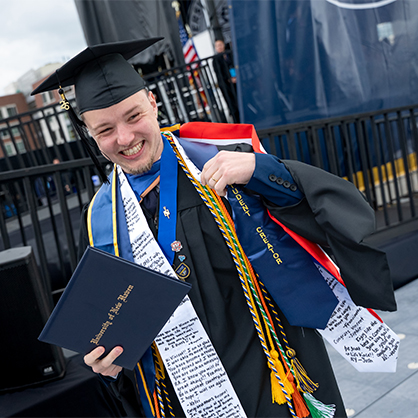 Vincent Tremulot-Blanchard ’25, MBA ‘26 delivered the Commencement speech during the 2026 Graduate and Doctoral Commencement Ceremony.