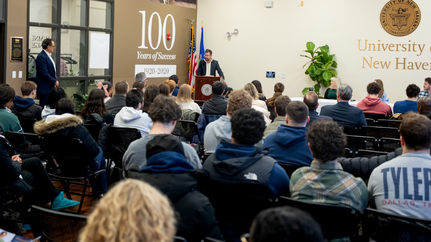 President Frederiksen addresses students at Uccountability panel event