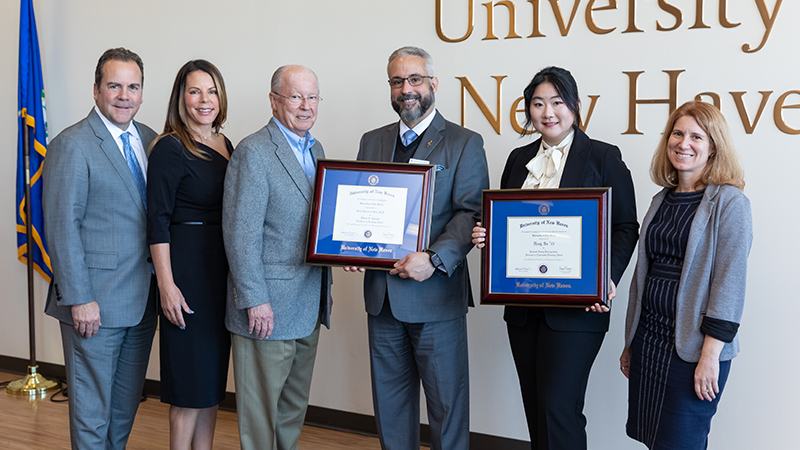 Left to right: Sheahon Zenger, Ph.D.; Elise Bucknall; William L. Bucknall Jr. ’63, ’65, ’08 Hon.; Bruno Barreto de Góes, Ph.D., Hang Su ’23; Nancy Savage, Ph.D.