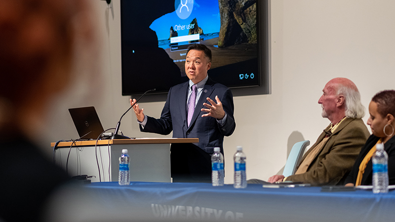 Attorney General William Tong speaks to students.
