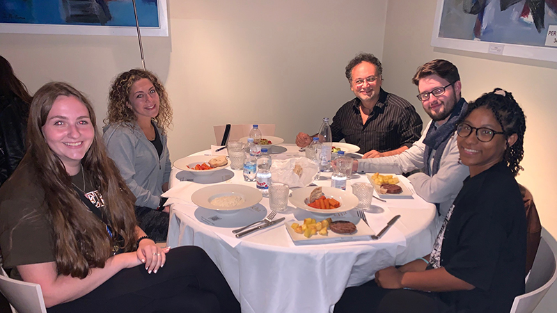 Left to right: Emily Kelliher ’24, Carly Brow ’23, Piero Ianniello, M.A., Sean Flatley ’23, and Fransheli Ventura ’23 at Mokha.