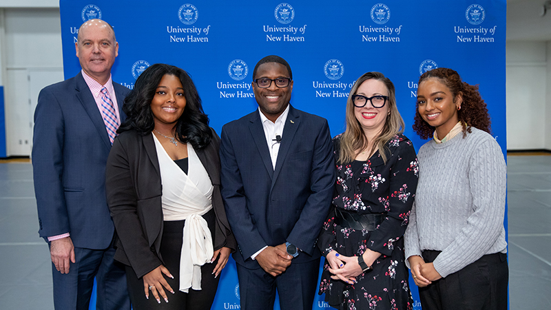 Left to right: David Schroeder, Ph.D.; Peri Alexander ’23; Lamond Daniels ’09 MPA; Yanice Mendez-Fernandez, Ph.D, MPH; and Azza Hussein ’23 M.A.