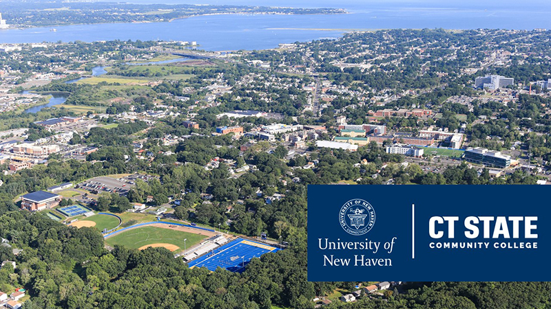 The University of New Havens’s campus in West Haven, Conn. featuring logos of CT State Community College and University of New Haven