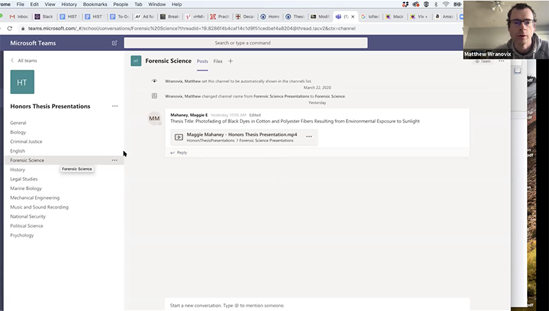 Image of online discussion for honors thesis presentations.