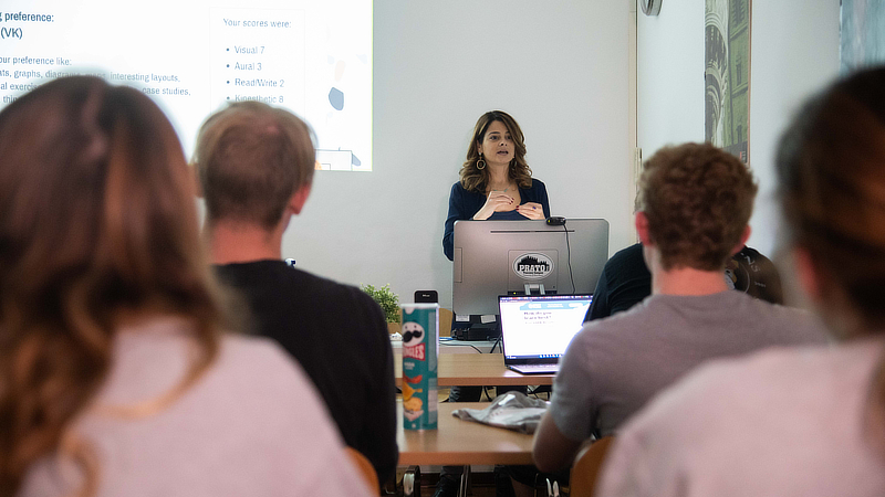 Valentina Seffer, Ph.D., speaks to first-year students.