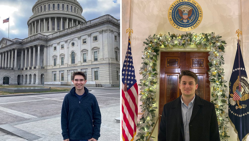 Image of Andrew Colford ’22 (left) and Declan McLoughlin ’22 spending the Spring 2022 semester in Washington, D.C.
