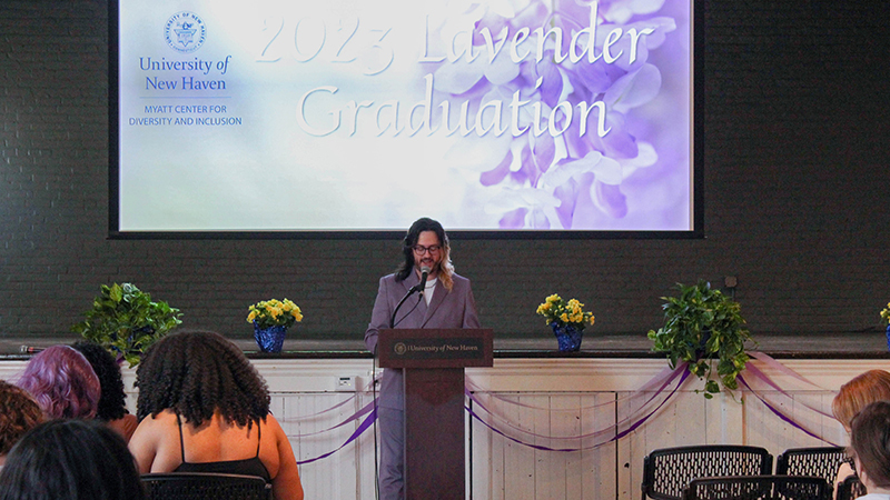 Ian Shick welcomes Chargers to the Lavender Graduation.
