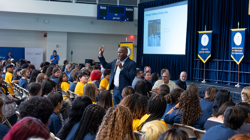 Athletics Director Devin Crosby pumped up our Chargers at Convocation and Charge Back as the University enters its DI era.