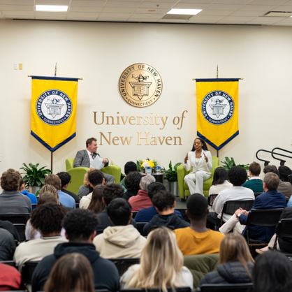Controller Malia Cohen speaking with President Jens Frederiksen at the University of New Haven’s Frederiksen Forum: Trailblazing Women speaker series